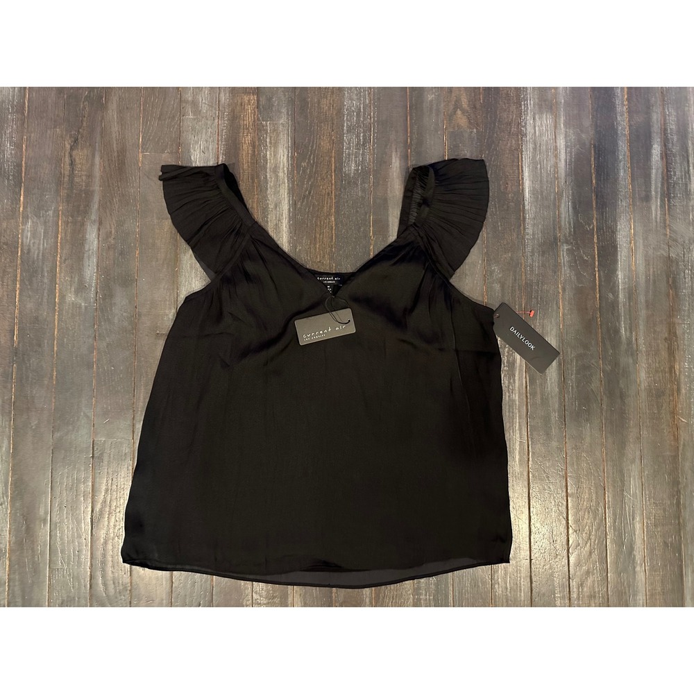 Current Air Black Satin Ruffle Sleeve V-Neck Tank Top Blouse NWT Dailylook M
